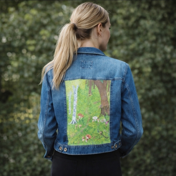 Jackets & Blazers - Hand painted Indie mushrooms fairy core nature scene unique cropped jean jacket